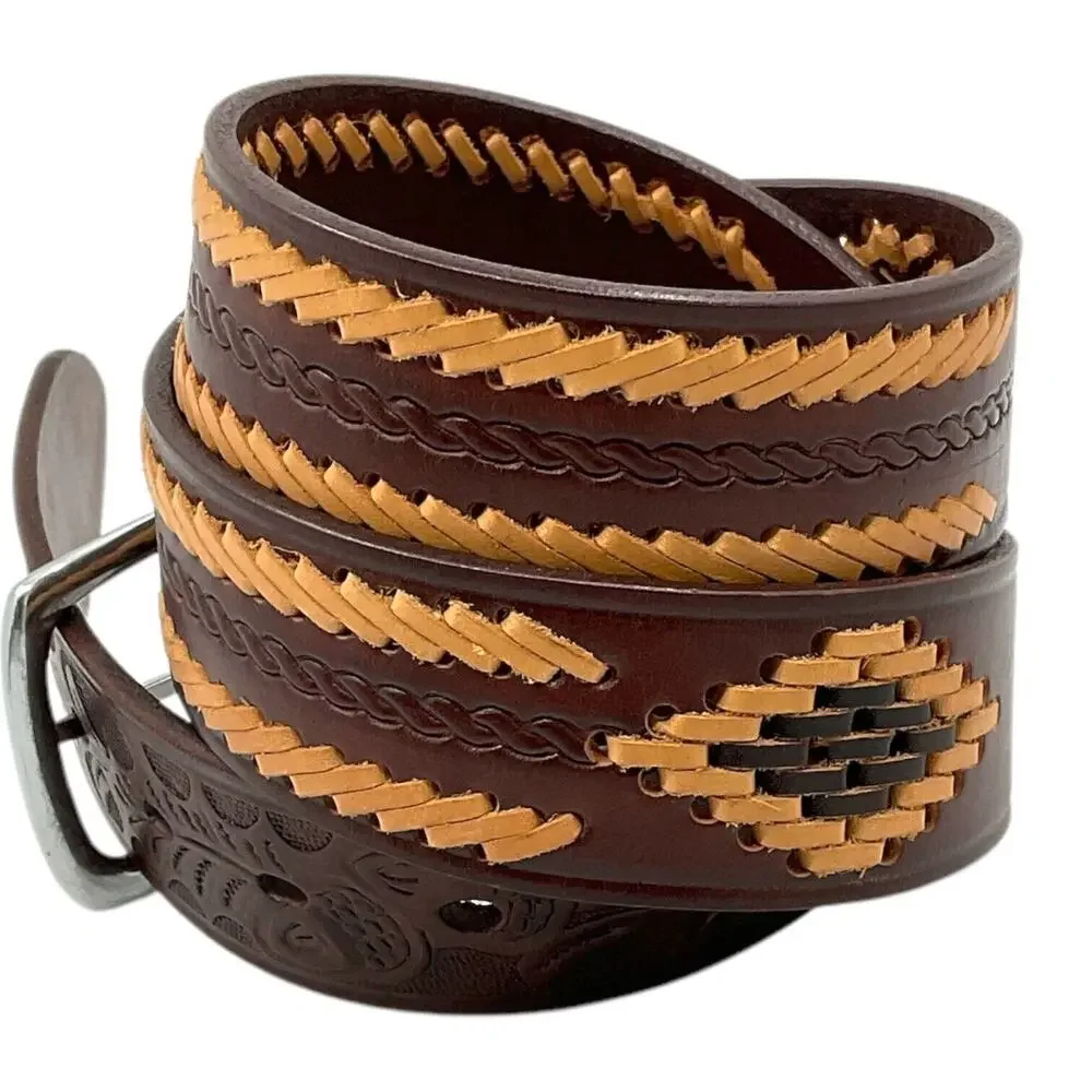 Brown Leather Mens 36 Western Belt Tan Dk Brown Stitching Southwest Rodeo Cowboy